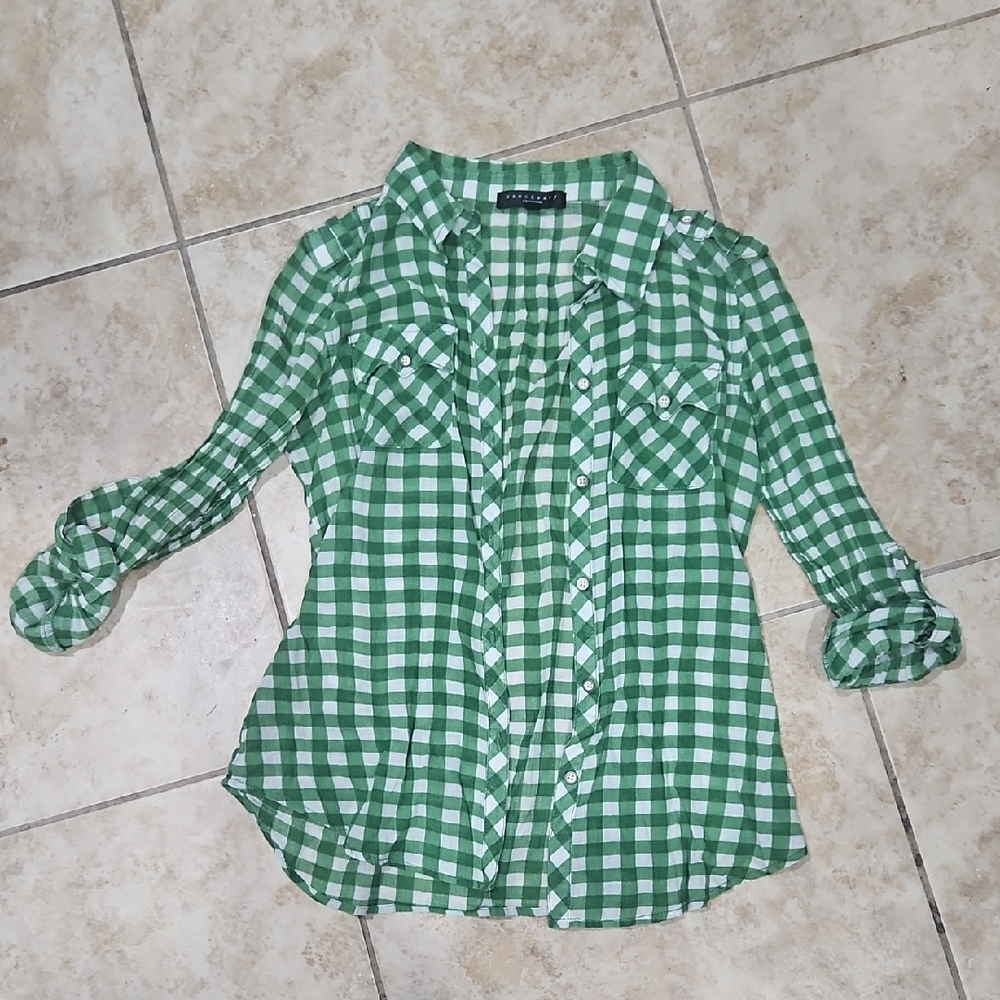 Sanctuary Plaid Button-Up Blouse in Green and White
